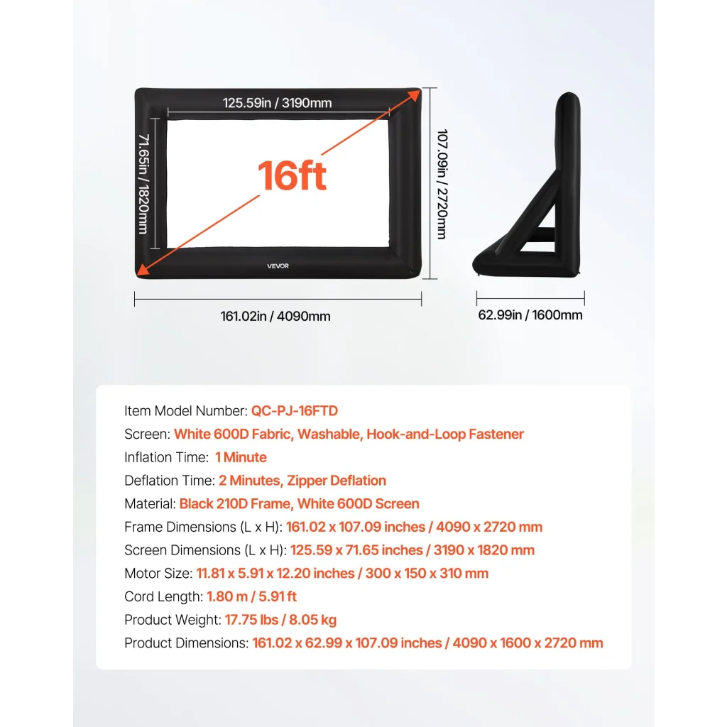 VEVOR 16 ft Inflatable Movie Screen 16:9 600D Movie