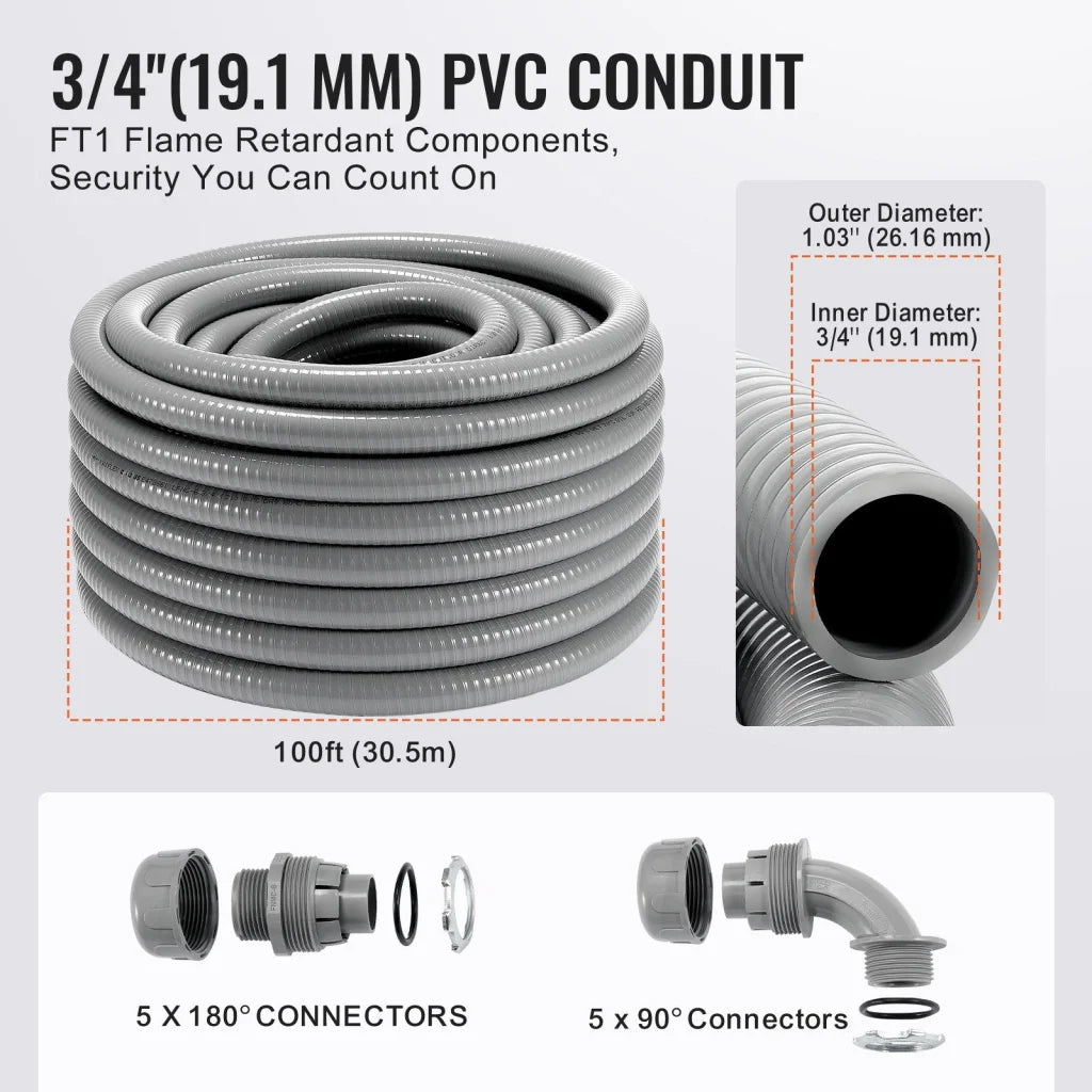 VEVOR 19.1 mm Flexible Electrical Conduit 30.5 m PVC