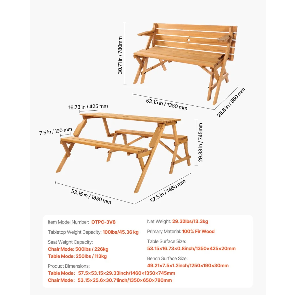 VEVOR 2-in-1 Transforming Interchangeable Picnic Table, Outd