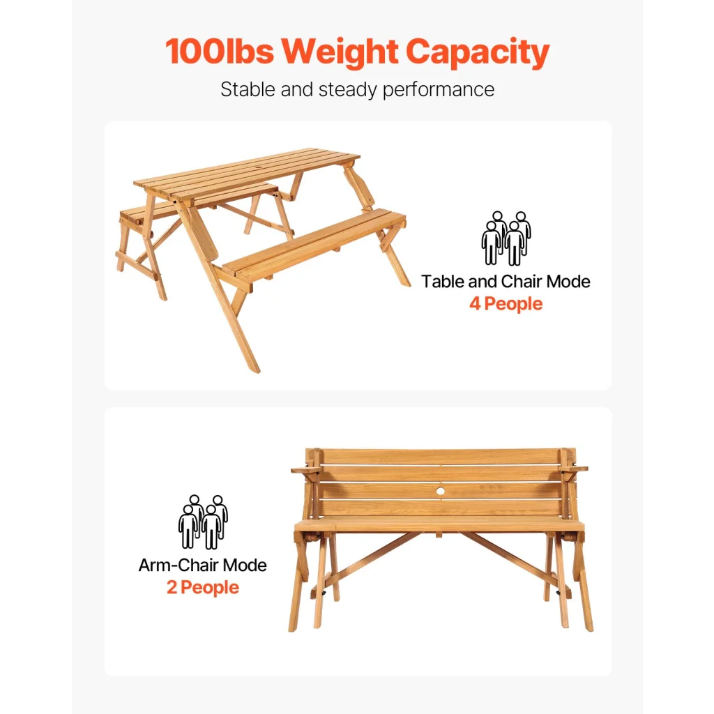 VEVOR 2-in-1 Transforming Interchangeable Picnic Table, Outd