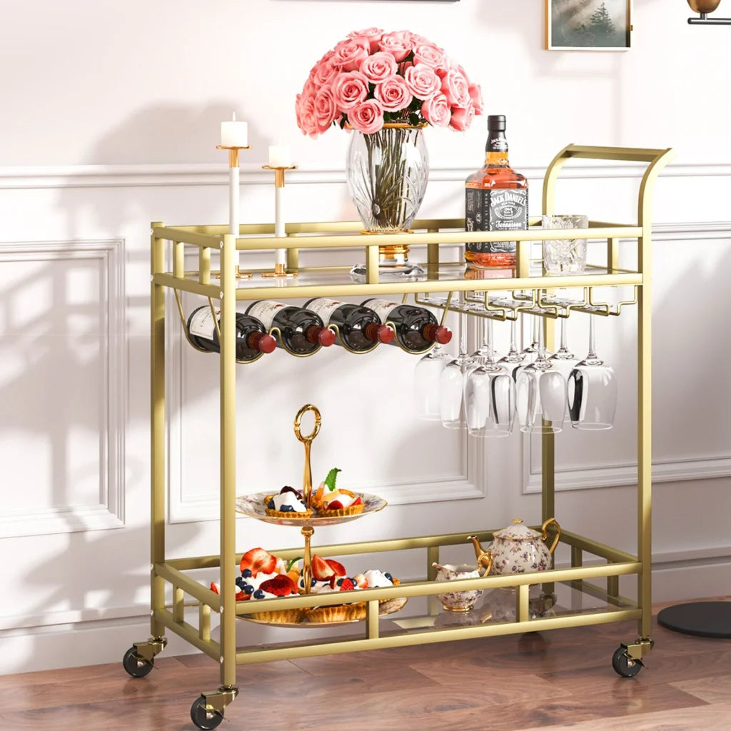 VEVOR 2 Tiers Gold Metal Bar Serving Cart with Wine Rack