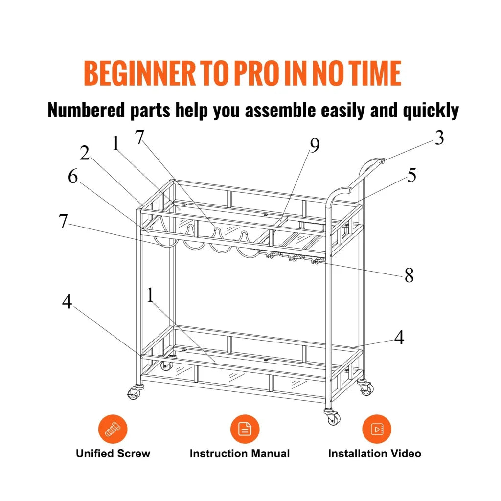 VEVOR 2 Tiers Gold Metal Bar Serving Cart with Wine Rack