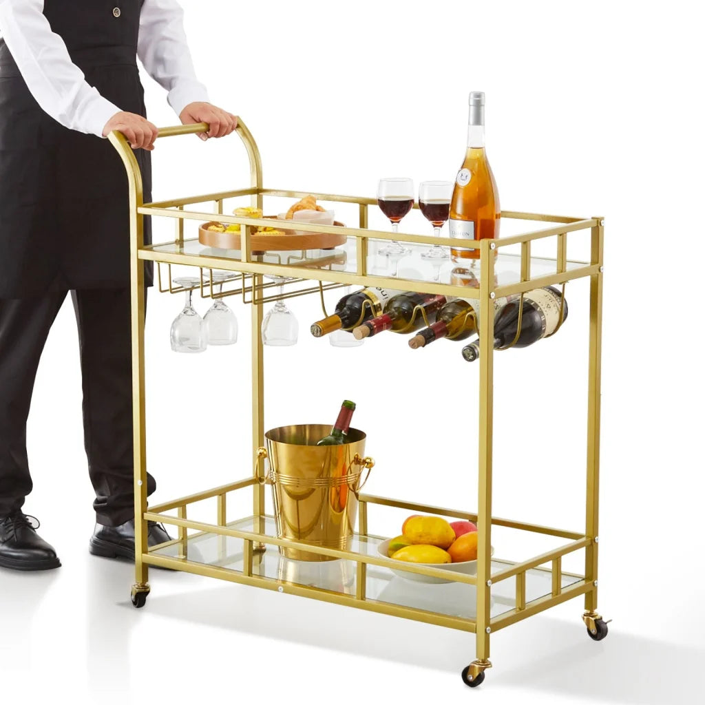 VEVOR 2 Tiers Gold Metal Bar Serving Cart with Wine Rack