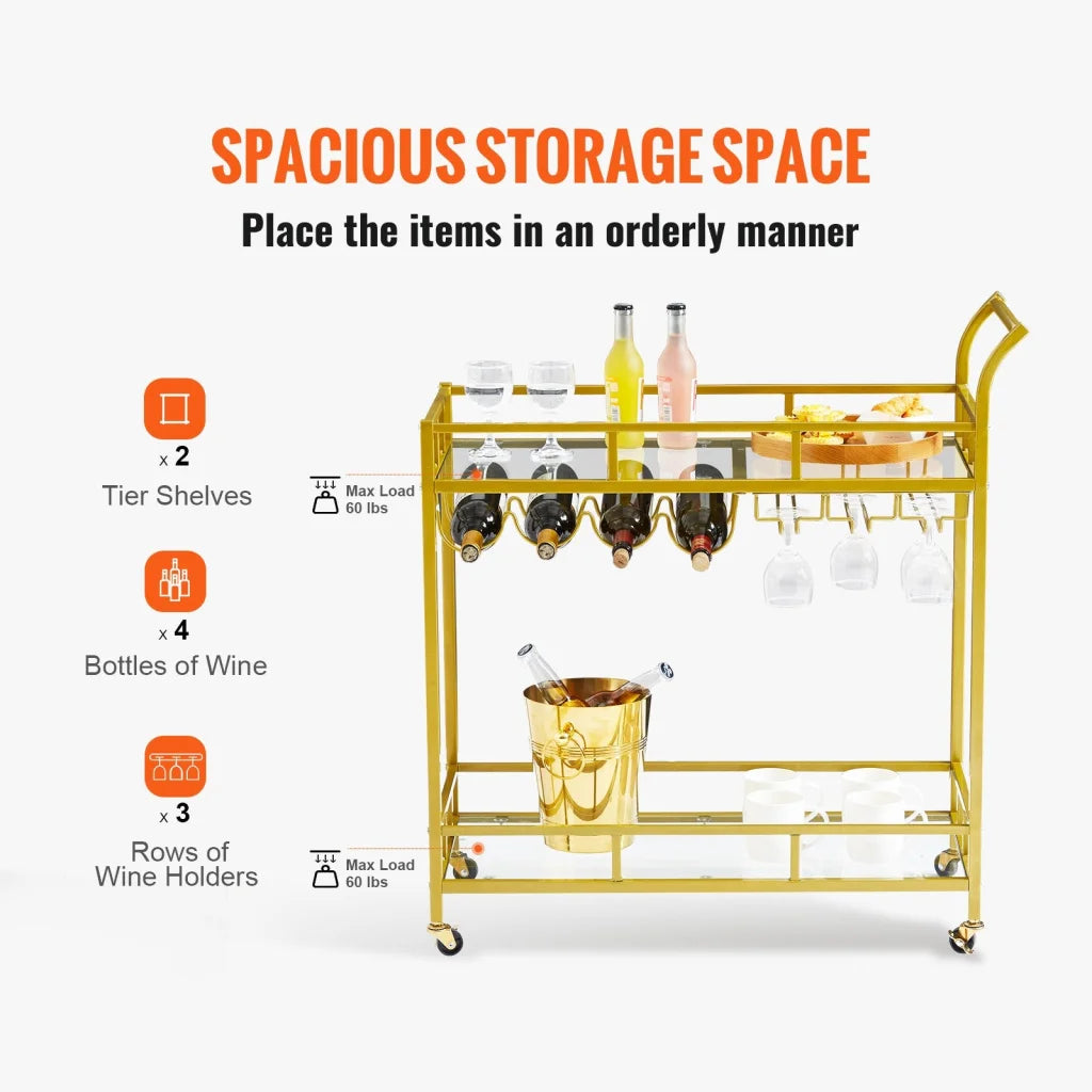 VEVOR 2 Tiers Gold Metal Bar Serving Cart with Wine Rack