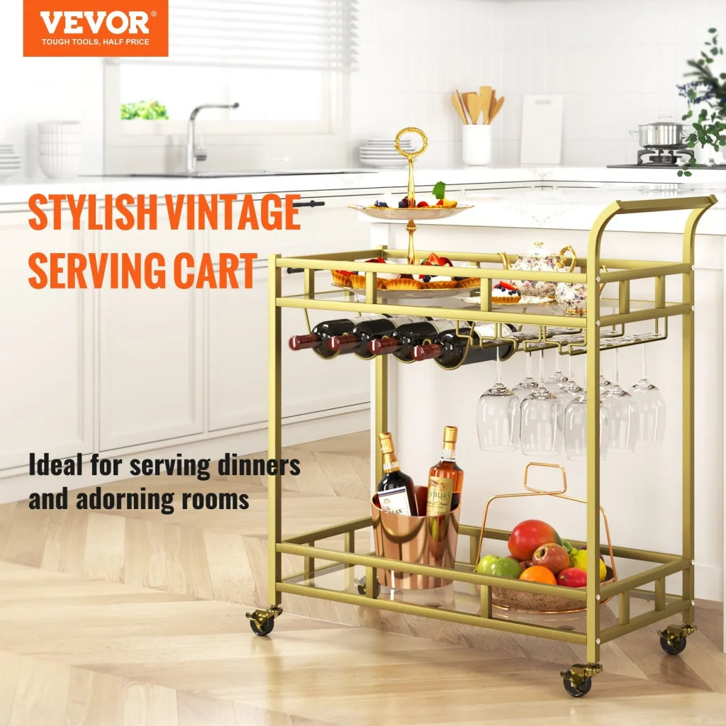 VEVOR 2 Tiers Gold Metal Bar Serving Cart with Wine Rack