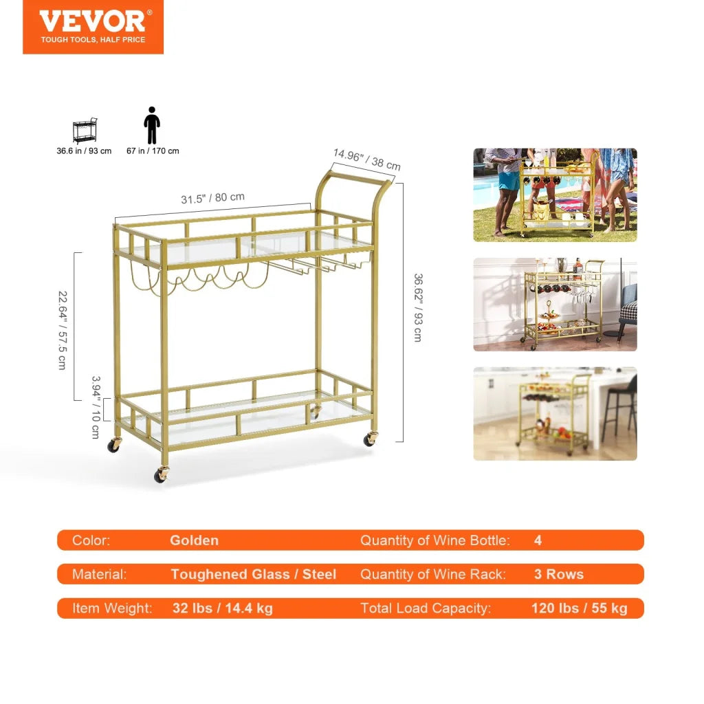 VEVOR 2 Tiers Gold Metal Bar Serving Cart with Wine Rack