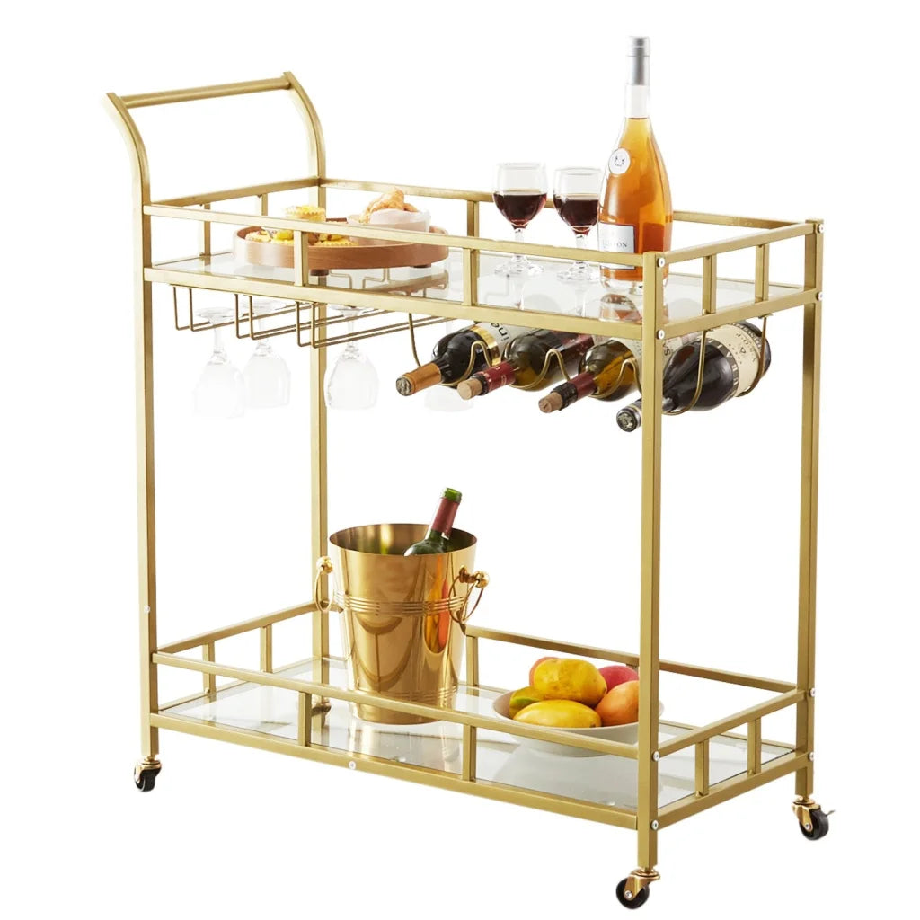 VEVOR 2 Tiers Gold Metal Bar Serving Cart with Wine Rack