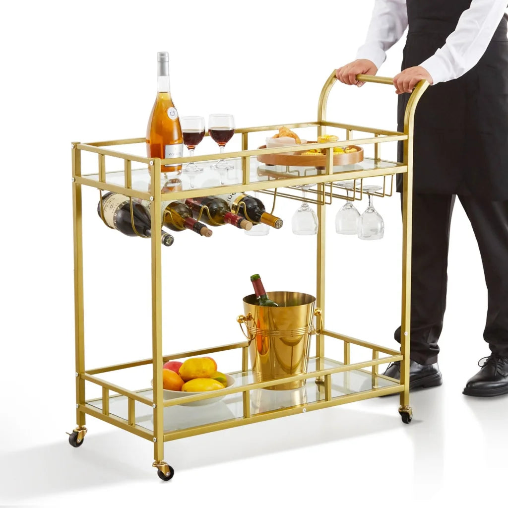 VEVOR 2 Tiers Gold Metal Bar Serving Cart with Wine Rack