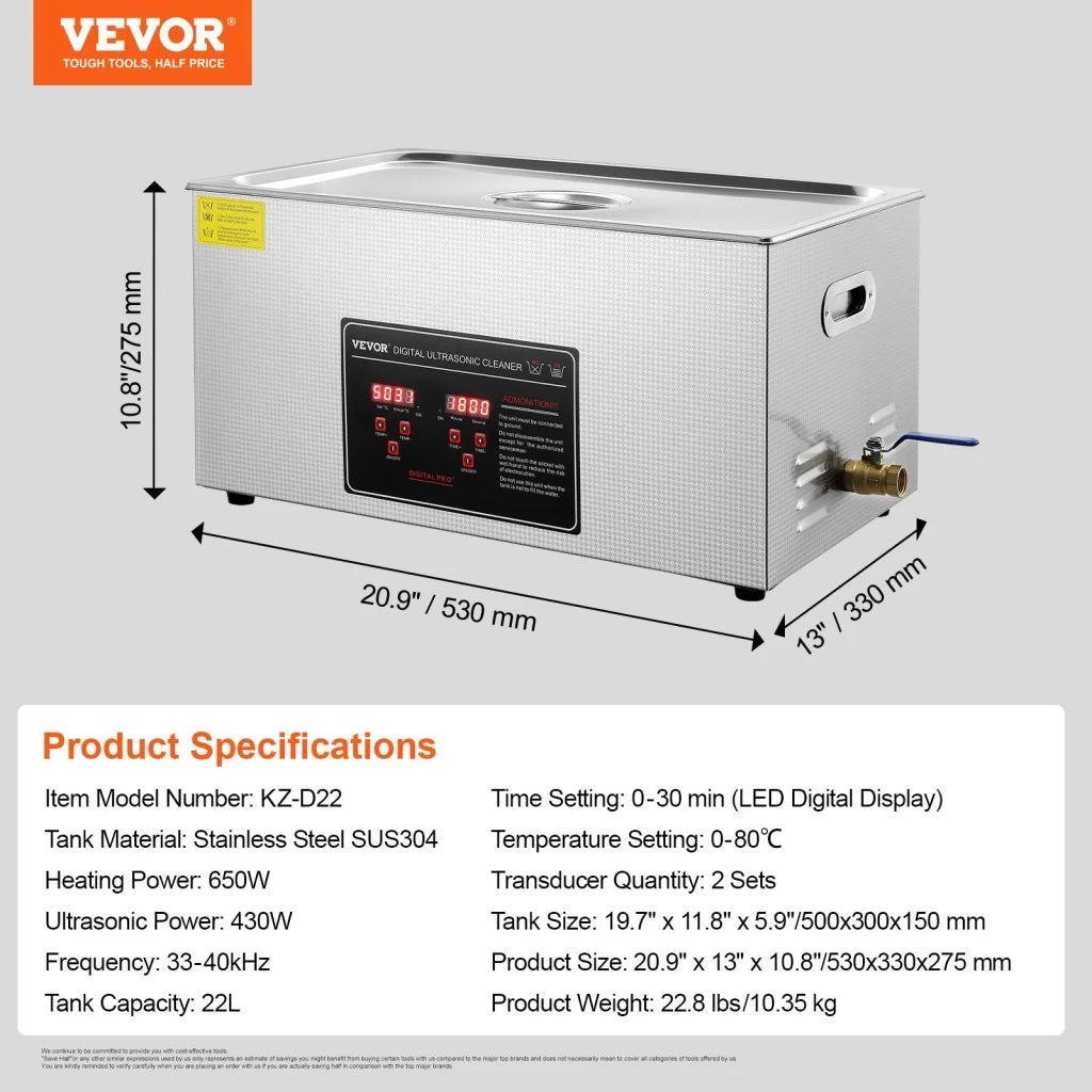 22l vevor ultrasonic cleaner with assembled layout and visible hardware