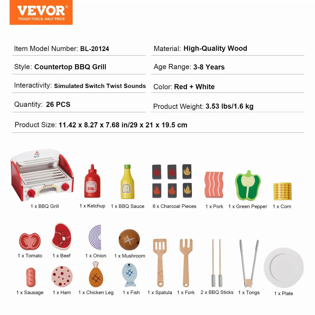 VEVOR 26 PCS Kids BBQ Grill Playset Wooden Cooking Grill