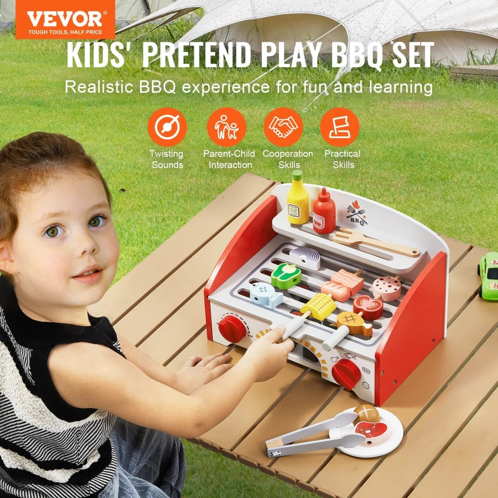 VEVOR 26 PCS Kids BBQ Grill Playset Wooden Cooking Grill