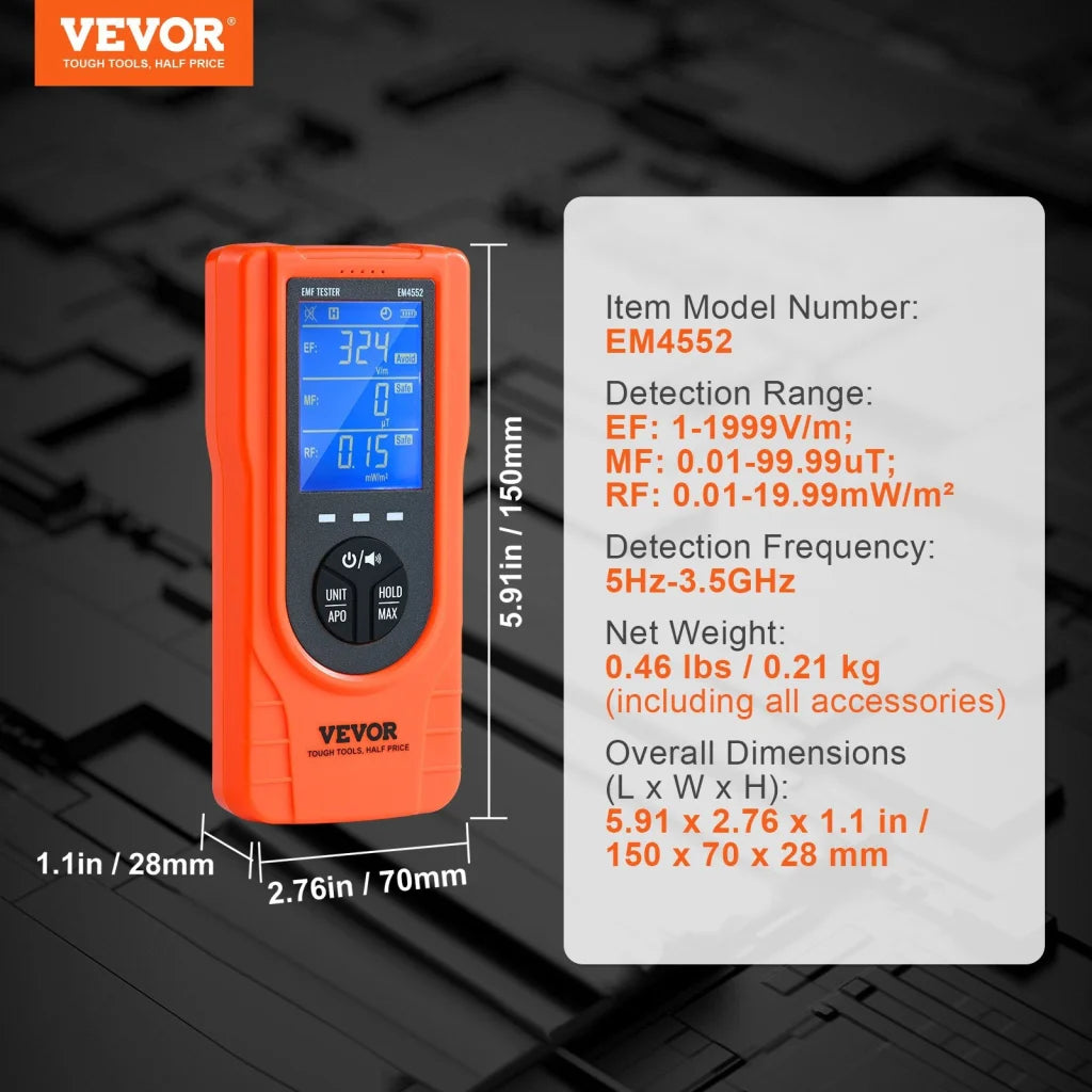 VEVOR 3-in-1 EMF Meter 5Hz - 3.5GHz Handheld Rechargeable