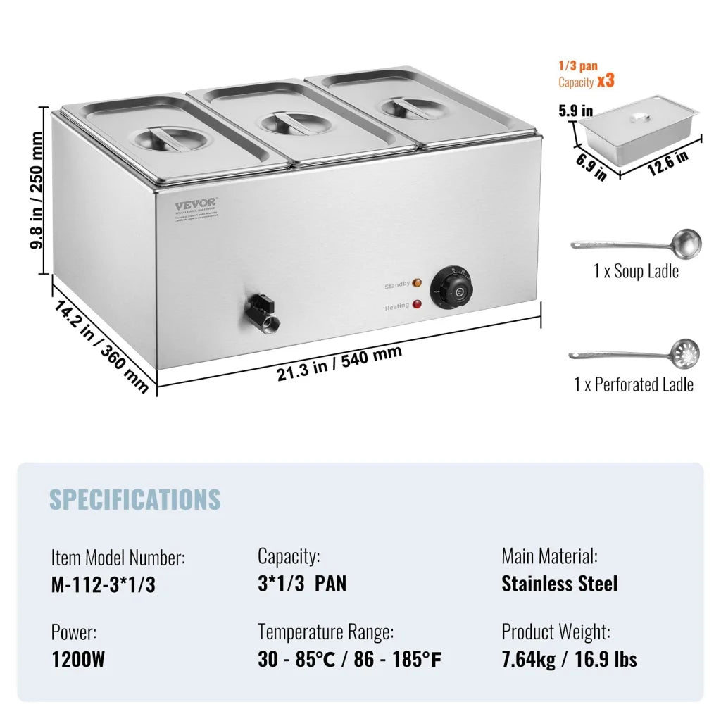 VEVOR 3-Pan Commercial Food Warmer 16.5L Electric Steam