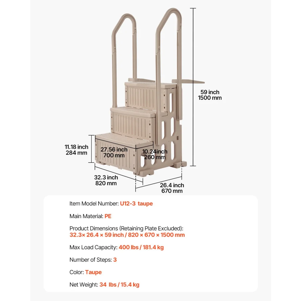 VEVOR 3-Step Taupe Robust Pool Ladder of 2 Handrails