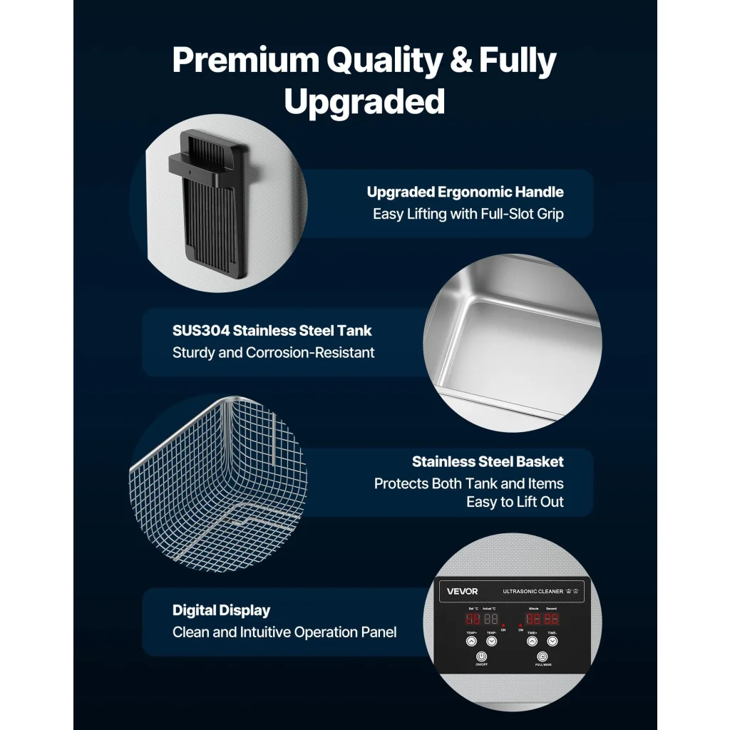 Steel 30l vevor ultrasonic cleaner with colour and construction cues