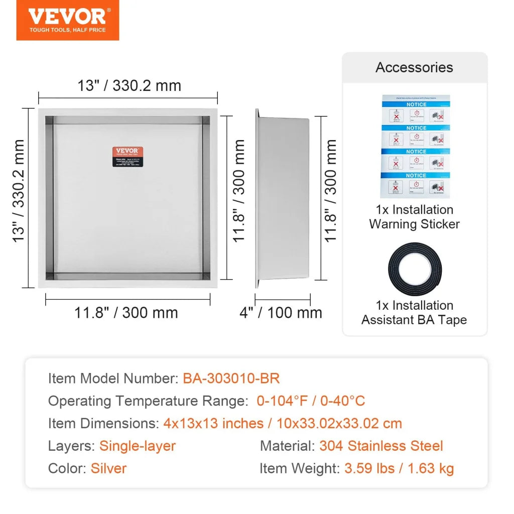 VEVOR 33.02 x 33.02 cm No Tile Shower Niche 304 Stainless