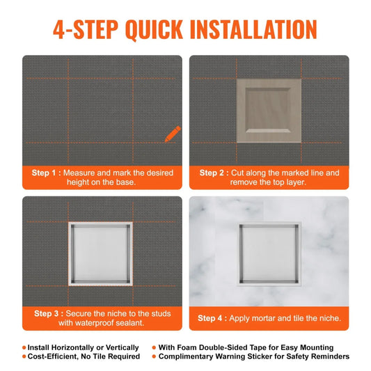 VEVOR 33.02 x 33.02 cm No Tile Shower Niche 304 Stainless