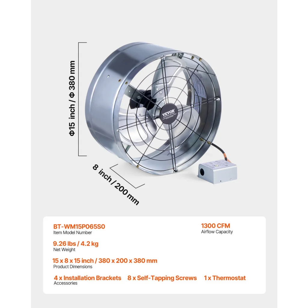 VEVOR 380 mm Gable Mount Fan 1300 CFM Attic Vent Fan