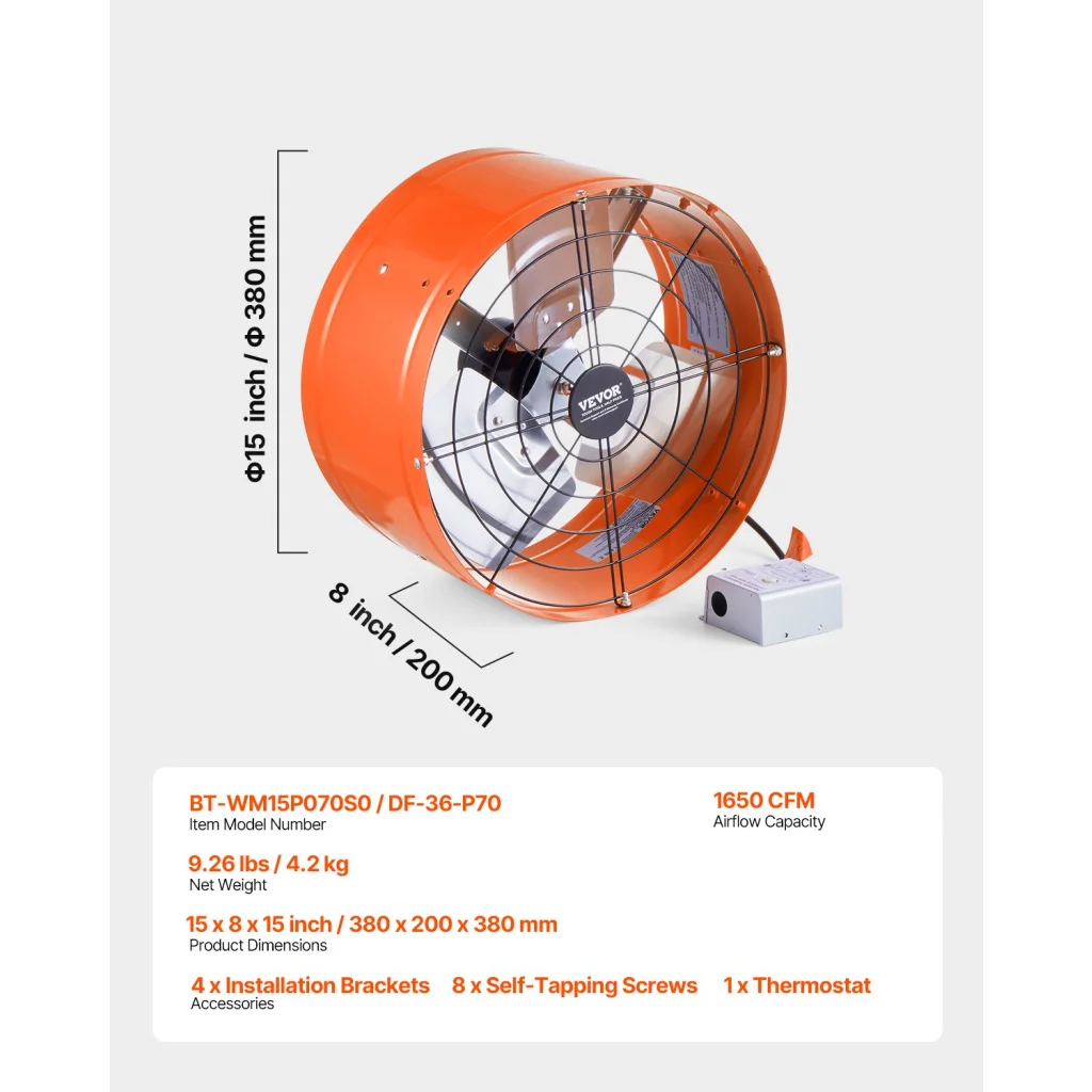 VEVOR 380 mm Gable Mount Fan 1650 CFM Attic Vent Fan