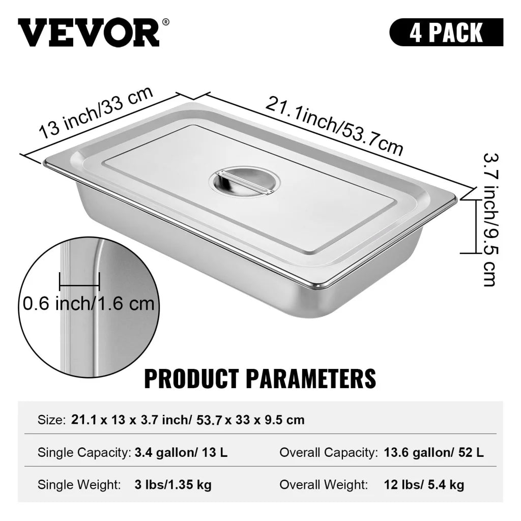 VEVOR 4 Pack Hotel Pan 3.7’’ Deep Steam Table Pan Full Size
