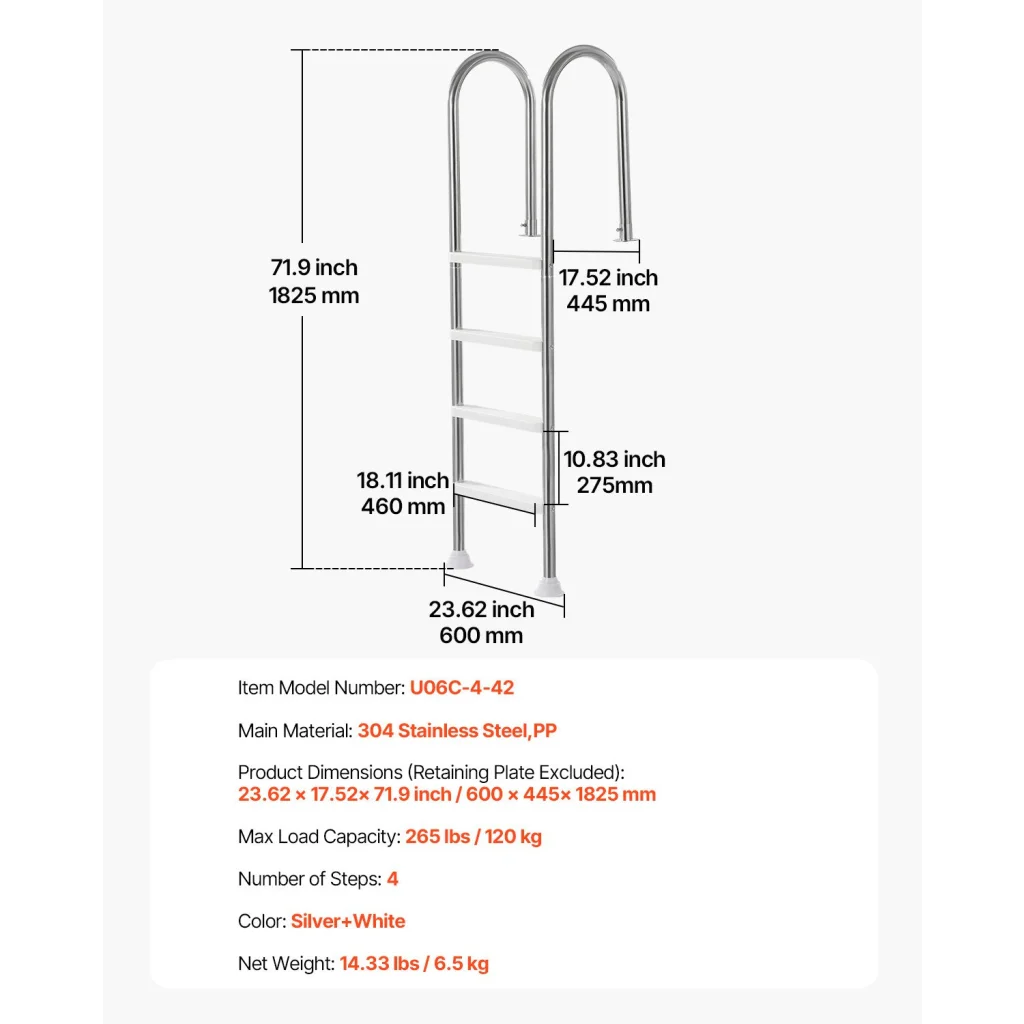 VEVOR 4-Step Stainless Steel Pool Ladder of 2 Handrail