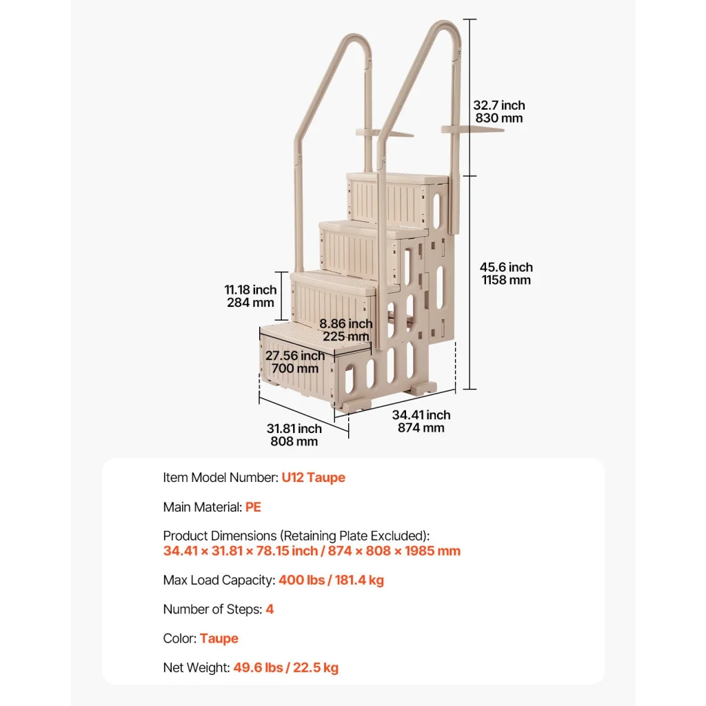 VEVOR 4-Step Taupe Robust Pool Ladder of 2 Handrails