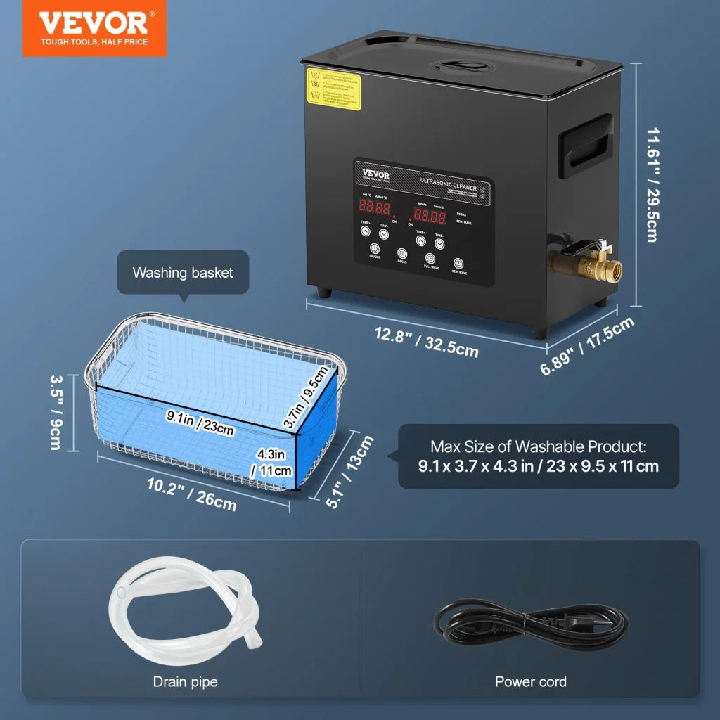 6l digital ultrasonic cleaner with rectangular cleaner body and steel basin