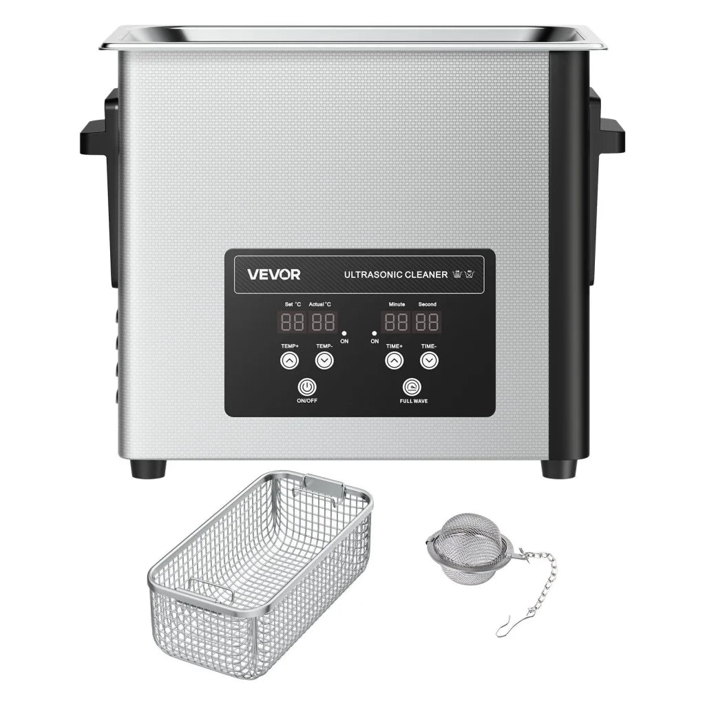 Steel 6l vevor ultrasonic cleaner with pack contents and accessory layout