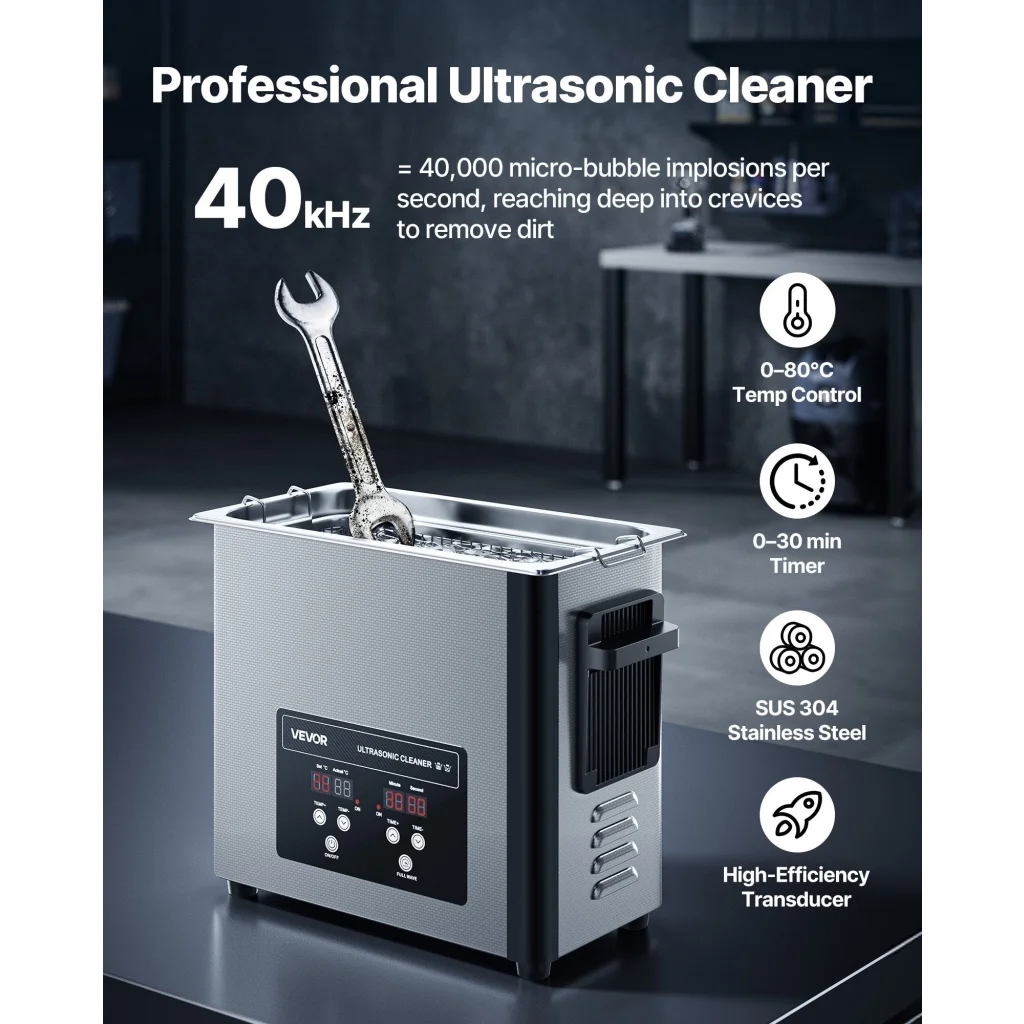 Steel 6l vevor ultrasonic cleaner with compact layout and accessory details