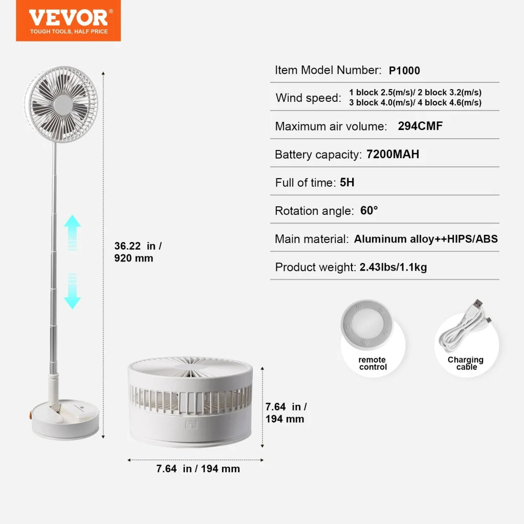 VEVOR 8 Inch Foldable Oscillating Standing Fan with Remote
