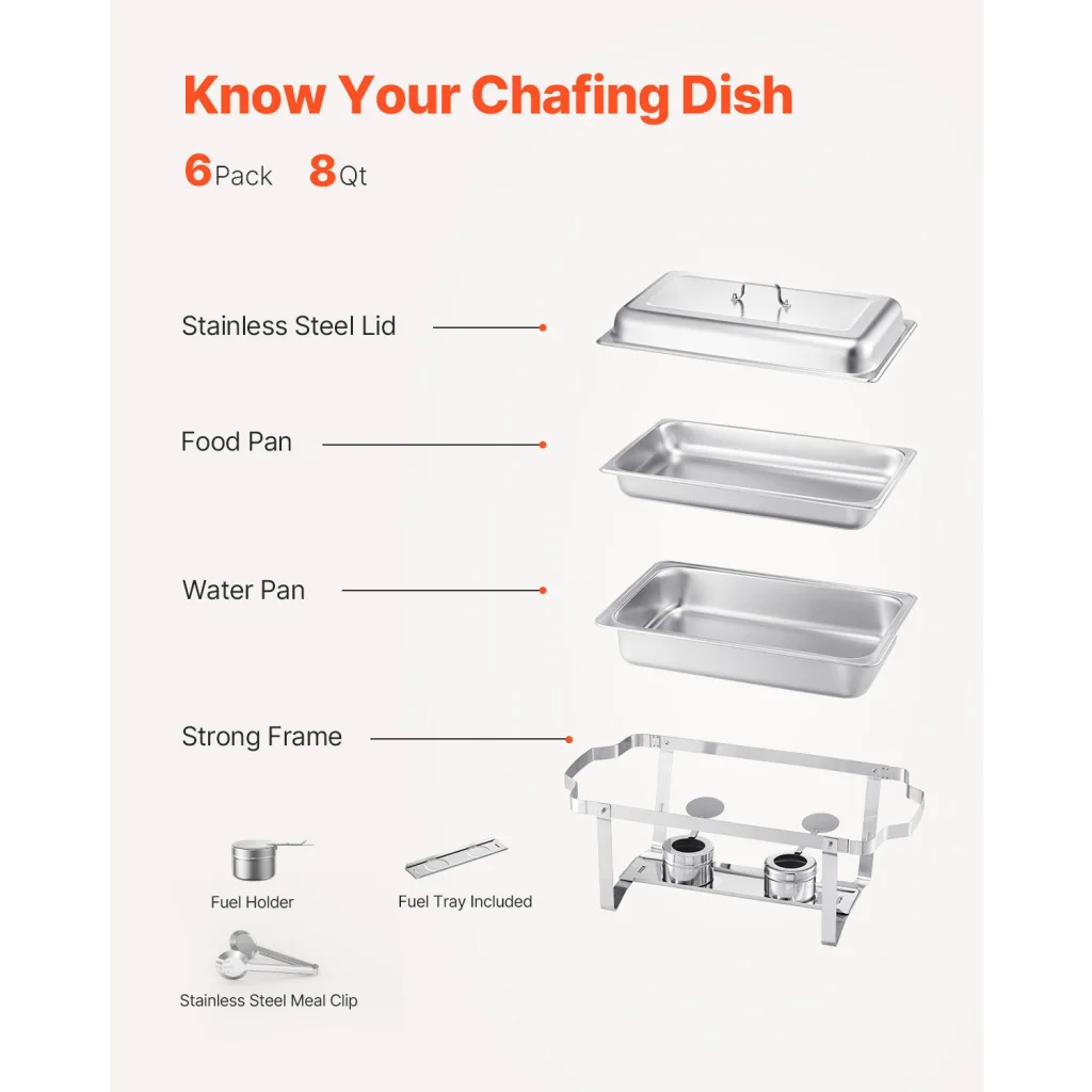VEVOR 8 Qt 6 Pack Rectangle Chafing Dish Buffet Set