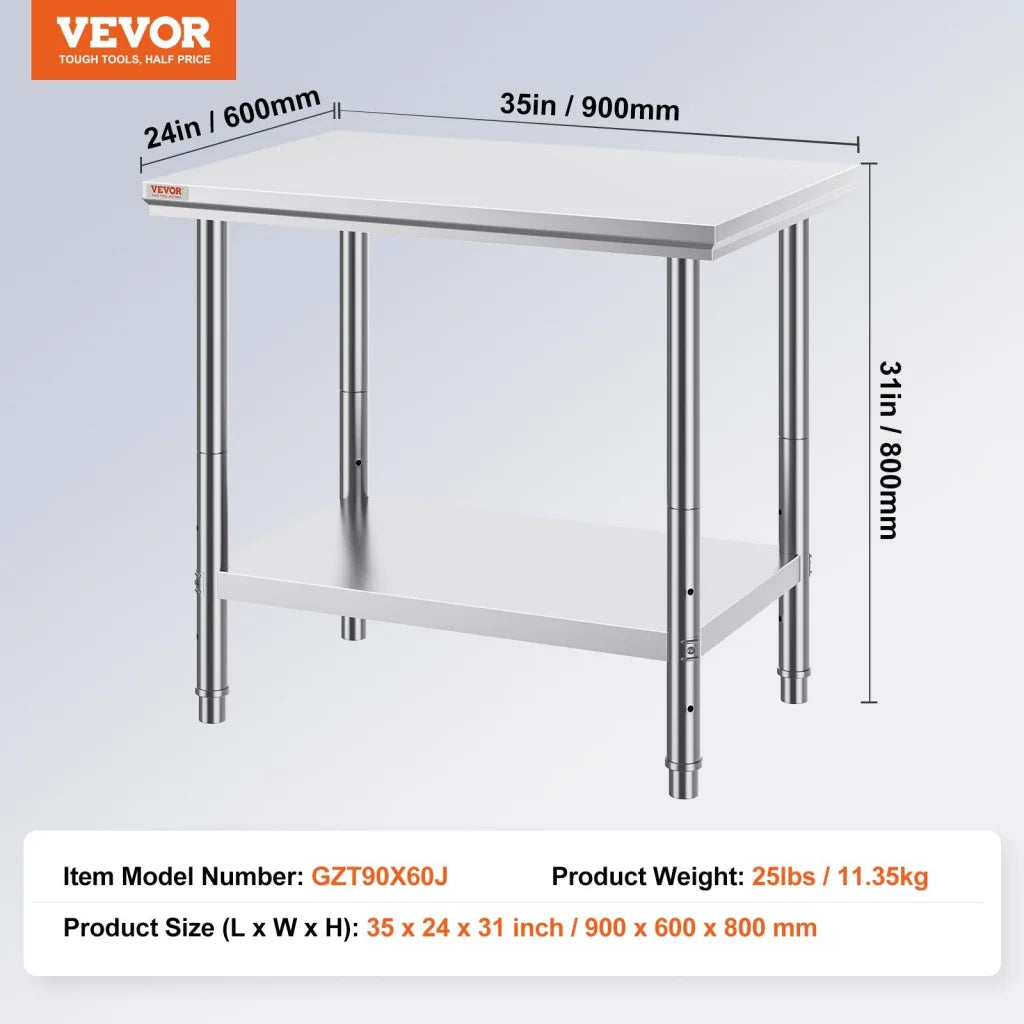 VEVOR 910x610mm Stainless Steel Kitchen Bench Commercial