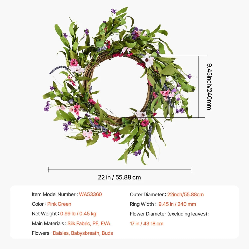 VEVOR Artificial Decorative Wreath 55.88 cm Pink Green