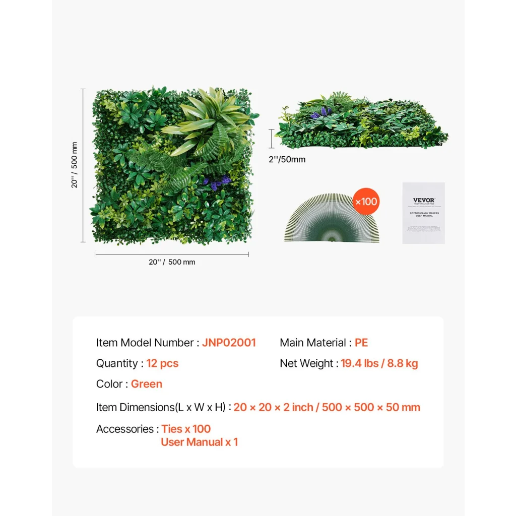 VEVOR Artificial Grass Wall Panels 12 PCS 20 x 20 inch 3D