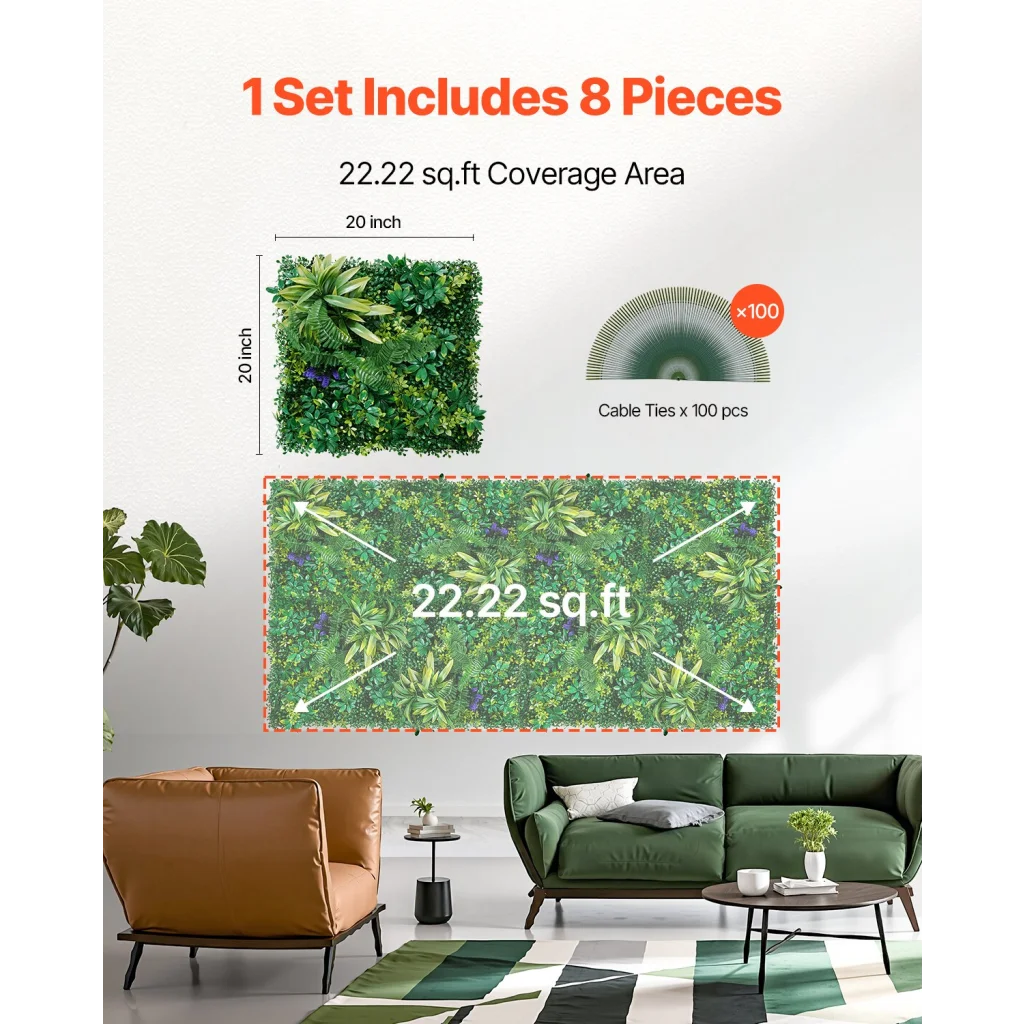 VEVOR Artificial Grass Wall Panels 8 PCS 20 x 20 inch 3D