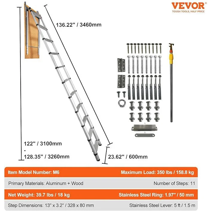 VEVOR Attic Ladder Telescoping 158.76kg Capacity 100cm x