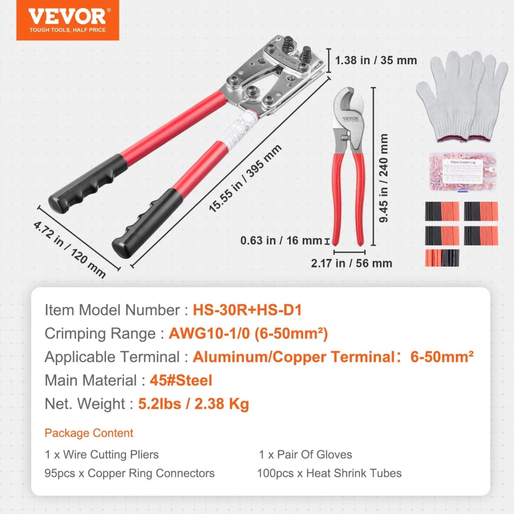 VEVOR Battery Cable Lug Crimping Tool 10-1/0AWG with Cable