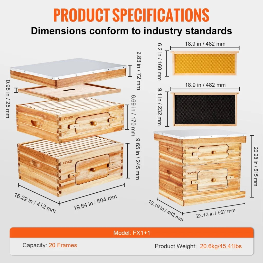 VEVOR Bee Hive 20 Frame Bee Hives Starter Kit Beeswax