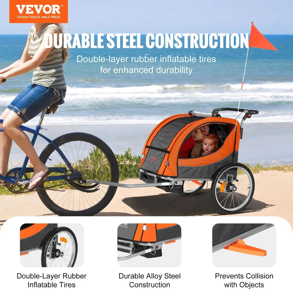 VEVOR Bike Trailer for Toddlers Kids Double Seat 40 kg Load