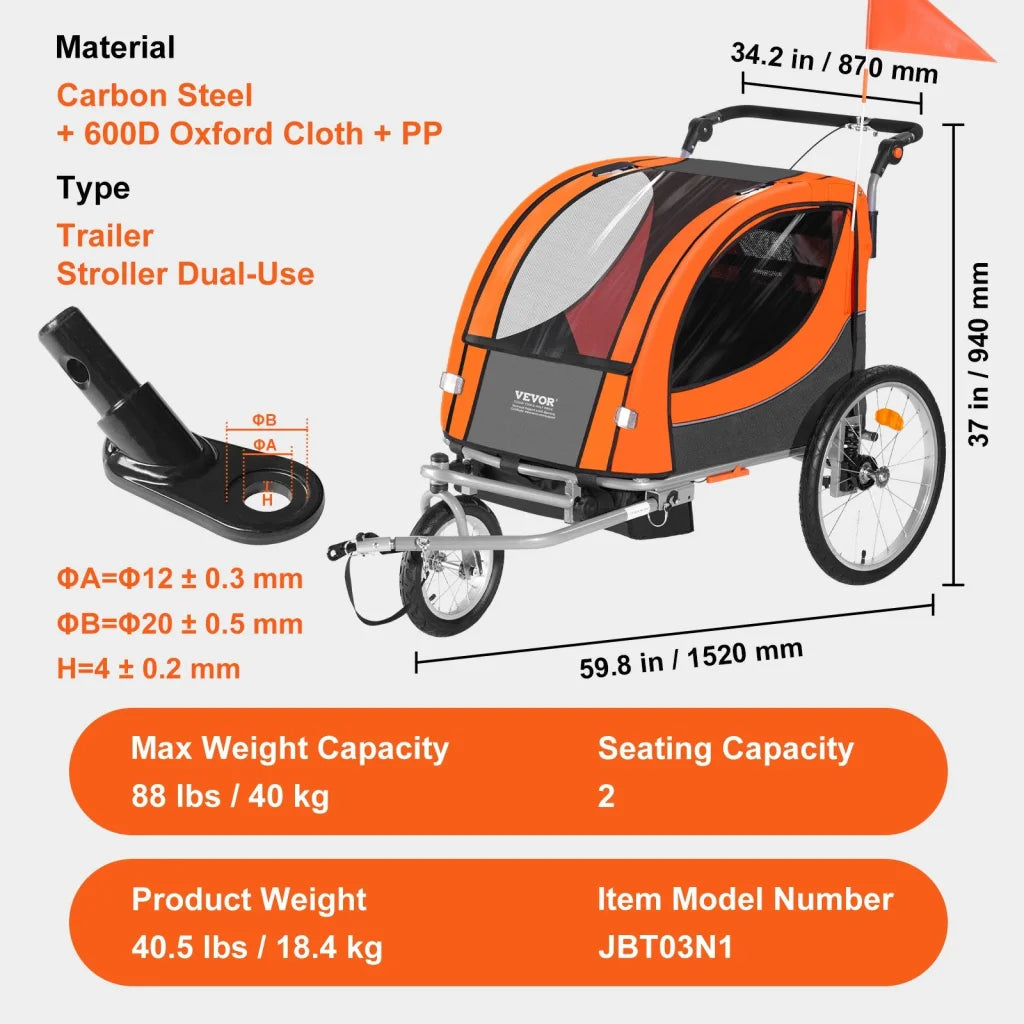 VEVOR Bike Trailer for Toddlers Kids Double Seat 40 kg Load