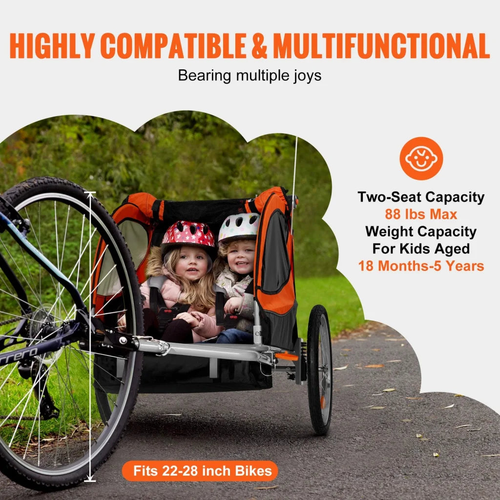 VEVOR Bike Trailer for Toddlers Kids Double Seat 40 kg Load
