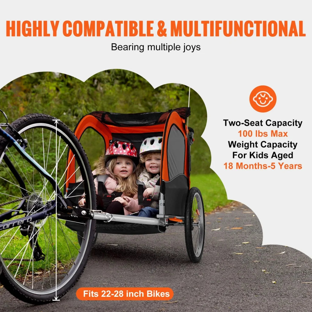 VEVOR Bike Trailer for Toddlers Kids Double Seat 45 kg Load