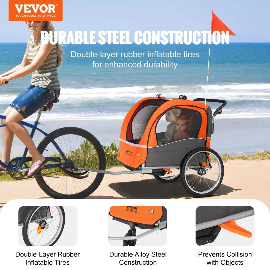 VEVOR Bike Trailer for Toddlers Kids Double Seat 45 kg Load