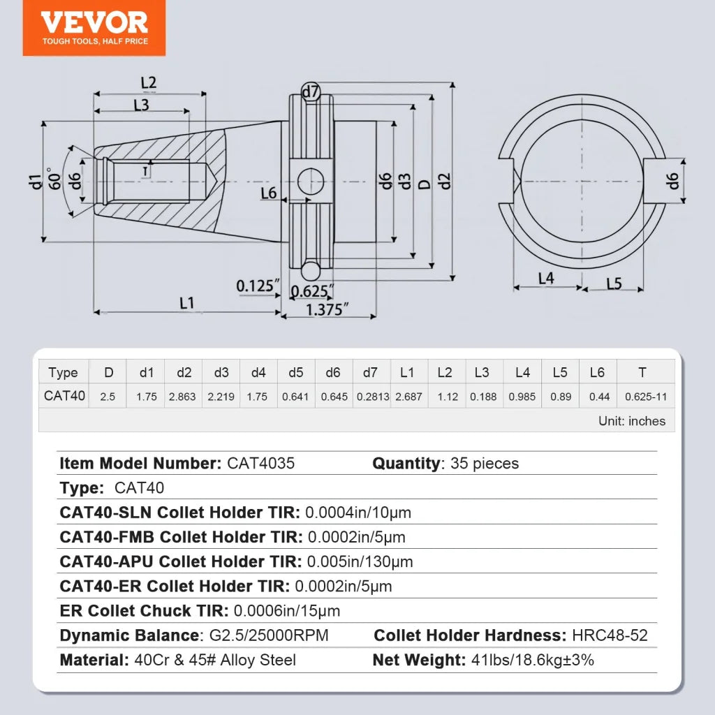 VEVOR CAT40 Collet Holder ER 16/32 Collet Set 35 PCs SLN
