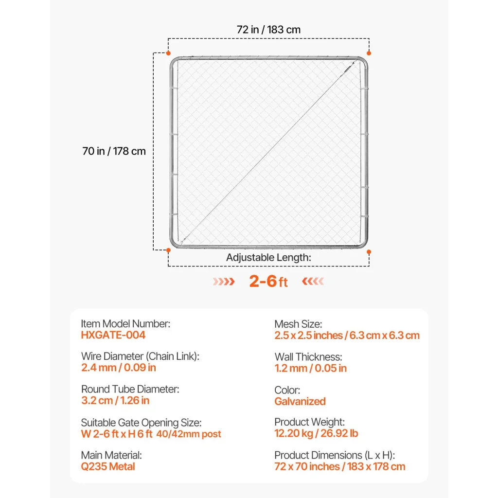 VEVOR Chain Link Fence Gate 70 x 72 in Adjustable Chain