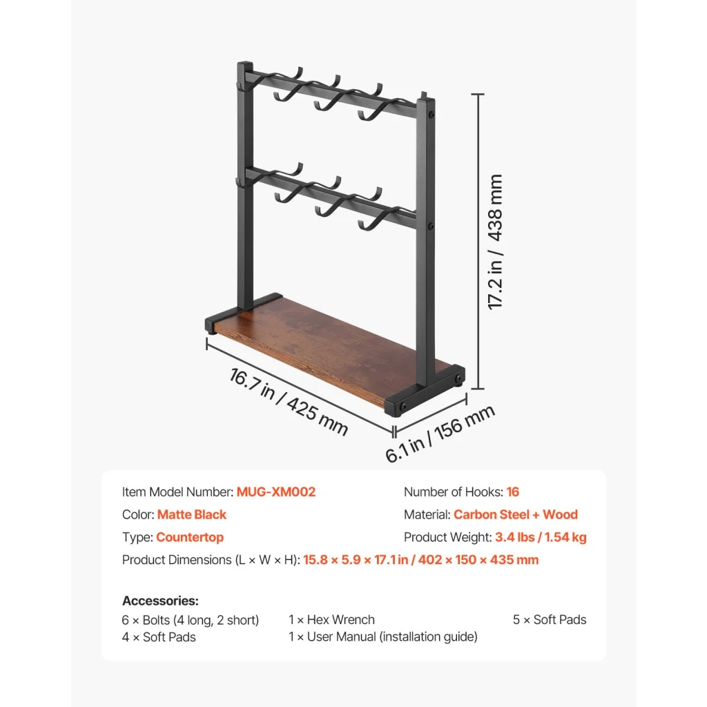 VEVOR Coffee Mug Holder for Countertop 16 Hooks Cup Rack