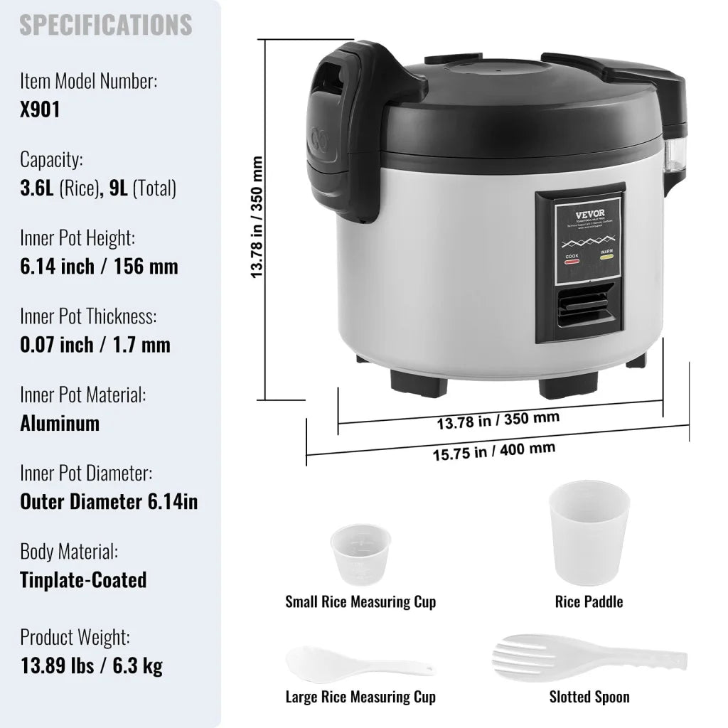 VEVOR Commercial Rice Cooker 45-Cup Rice Cooker 9 Liter