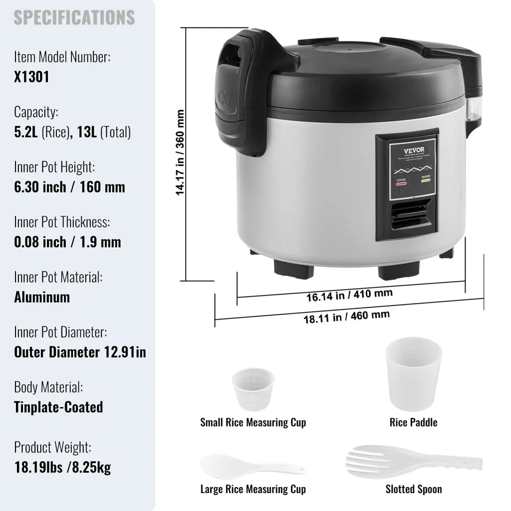 VEVOR Commercial Rice Cooker 60-Cup Non-Stick Pot 13L 12H