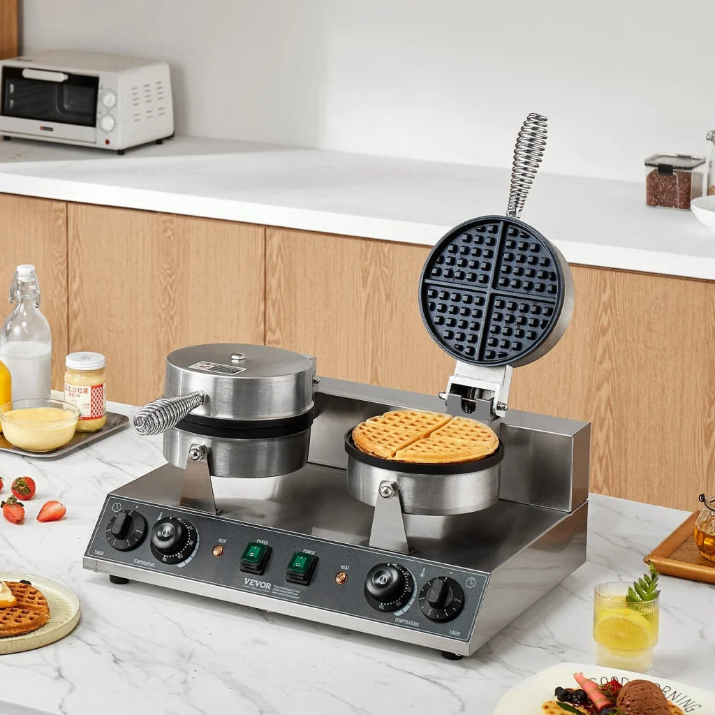 VEVOR Commercial Waffle Maker Dual-Head Round Waffle Baker