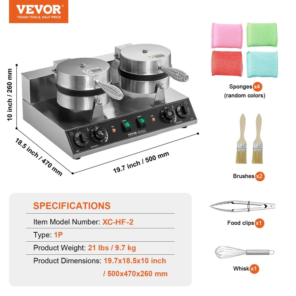 VEVOR Commercial Waffle Maker Dual-Head Round Waffle Baker